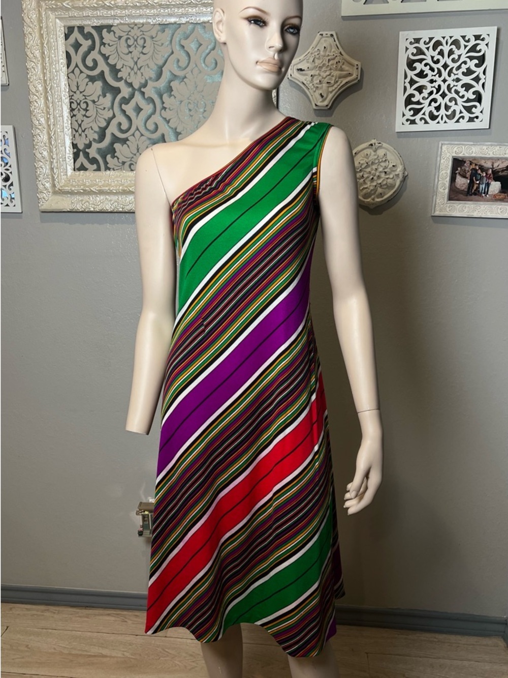 Vintage 1970’s St Gillian By Kay Unger One-Shoulder Diagonal Stripe Dress